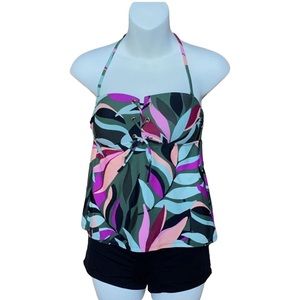 Hula Honey Size M Olive‎ Multi Hyper Tropics Printed Tankini Swim Top